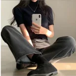 韩国ins复古高腰阔腿牛仔裤女2023春季新款韩版显瘦百搭直筒长裤