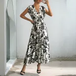Elegant Black and White Floral Print Sleeveless Dress V Neck Trendy Design Perfect for Summer Ev