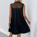 Casual Loose Dress European Style Stand Collar Solid Color Lace Panel Perfect for Spring Summer