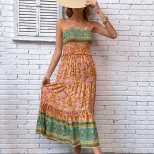 Bohemian Floral Print Ruffle Hem Maxi Dress Summer Style Lightweight Fabric Elegant Draping Whol