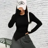 Womens Long Sleeve T Shirt Asymmetrical Neckline Slim Fit Solid Color Knitted Fabric Fall Winter