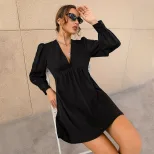 Womens A Line Dress Sexy V Neck Fitted Waist Puff Sleeves Spring Summer Fashion Wholesale Availa