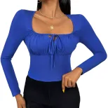 Womens Slim Fit Short Sleeve T Shirt Solid Color Square Neck Lightweight Fabric Spring Summer Ca