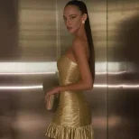 French Style Sexy Strapless Bodycon Ruched Midi Dress Elegant Gold Foil Design Perfect for Parti