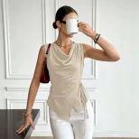 Sleeveless French Style Top Adjustable Drawstring Waist Irregular Hem Elegant Design Perfect for