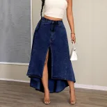 Elegant High Slit Denim Maxi Skirt Irregular Hem Womens Fashion Casual Wear Wholesale Available