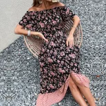 Vintage Floral Print Off Shoulder Dress Summer Style European and American Design Perfect for Ca