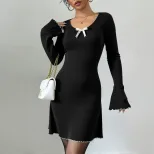 Elegant Black and White Color Block Knit Dress Flared Sleeves Slim Fit A Line Silhouette Perfect