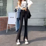 速卖通牛仔裤女2023秋冬新款韩版时尚高腰显瘦垂感微喇开叉阔腿裤