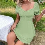 Womens Puff Sleeve Ruffled Dress Slim Fit Tie Detail Avocado Green Elegant for Parties and Event