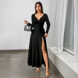 Vintage Deep V Neck Long Sleeve Black Maxi Dress Slim Fit Waist Defining Elegant Style Perfect f