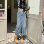 夏季新款小众设计感开叉半身裙女高腰显瘦包臀a字中长裙牛仔长裙