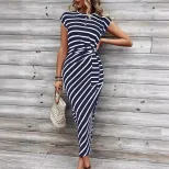 Elegant Striped Maxi Dress Waist Tie Round Neck Short Sleeve Summer Fashion for Women Wholesale