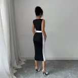 Summer Womens Long Color Block Dress Square Neck Sleeveless Elegant Style Perfect for Casual Out