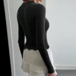 Dark Gray V Neck Ribbed Long Sleeve Top with Black Lace Trim Slim Fit Elegant Design Spring Summ