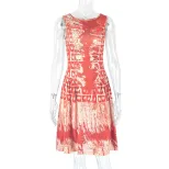 Fashion Womens A Line Dress Sleeveless Color Block Fitted Pleated Round Neck Casual or Party Wea