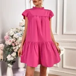 Loose Fit Solid Color Pleated Dress Womens Fashion Casual Style Versatile for Daily Wear Wholesa