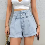 High Waisted Denim Shorts Loose Fit Versatile Rolled Hem Casual Summer Wear Wholesale Available
