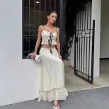 Womens Summer Set Sweet Ruffled Top with Bow Flowy Skirt Perfect for Casual Outings Wholesale Av