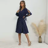 Lace Long Sleeve Blue Polka Dot Dress Elegant Design Comfortable Fit Autumn Winter Style Wholesa