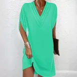 Womens Spring Summer V Neck Batwing Sleeve Dress Pleated Design Elegant Style Perfect for Casual