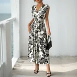 Elegant Black and White Floral Print Sleeveless Dress V Neck Trendy Design Perfect for Summer Ev