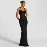 Chic Womens Maxi Dress Halter Neck Sheer Mesh Solid Color Flowing Design Perfect for Parties and