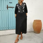 Casual Embroidered Dress Loose Fit Mid Sleeve Ethnic Style Summer Fashion for Women Wholesale Av