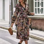 V Neck Floral Long Sleeve Dress Elegant Design European and American Style Perfect for Casual or