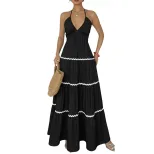 Color Block V Neck Halter Dress Sexy Cake Skirt Design Perfect for Vacations and Summer Events W