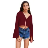 V Neck Tie Front T Shirt Sexy Design Burgundy Color Lightweight Fabric Spring Summer Casual Wear