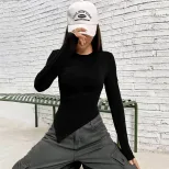 Womens Long Sleeve T Shirt Asymmetrical Neckline Slim Fit Solid Color Knitted Fabric Fall Winter
