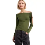 Off Shoulder Knit Top Long Sleeve Hollow Out Twist Cuff Design Casual Wear for Women Wholesale A