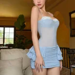 Summer Womens Bodycon Dress Slim Fit Low Neckline Ruffled Lace Trim Short Length Perfect for Parties and Casual