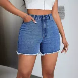High Waisted Loose Fit Denim Shorts Frayed Hem Fashionable Style Casual Wear Ready to Ship Whole