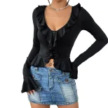 Womens Y2K Ruffled Crop Top Slim Fit Long Sleeve Trendy Design Spring Summer Fashion Wholesale A