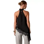Summer Womens Satin Lace Panel Halter Neck Sleeveless Top Asymmetrical Design Small Stand Collar
