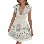Womens Summer Dress Ruffled V Neck Embroidered Casual Beach Vacation Style Available in Apricot Wholesale Sizes S to XL