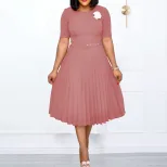 Plus Size Womens Summer Dress Belted Pleated Round Neck Mid Length Casual or Formal Occasions Wh