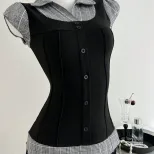 Color Block Plaid Short Sleeve T Shirt Slim Fit Waist Cinching Design Casual Style Ready to Ship