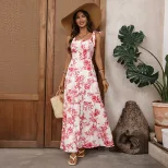 French Vacation Style Maxi Dress Vintage Floral Print Sleeveless Flowy Design Perfect for Summer