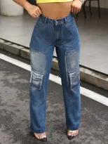 High Waisted Denim Cargo Pants Slim Fit Pocket Design Casual Style Perfect for Everyday Wear Who