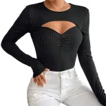Slim Fit Long Sleeve Knit Top Sexy Hollow Design Ribbed Fabric Autumn Winter Style Wholesale Ava