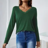 Womens Casual V Neck T Shirt Loose Fit Long Sleeve Lace Patchwork Fashionable Top for Spring Fal
