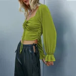 Womens Sexy Hollow Out Long Sleeve Crop Top Puff Sleeve Slim Fit Autumn Winter Style Wholesale A