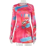 Casual A Line Dress Floral Print Color Block Long Sleeve Round Neck Trendy for Everyday Wear Who