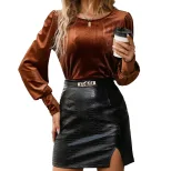 Velvet Long Sleeve Top Elegant Round Neck Button Detail Slim Fit Autumn Winter Fashion for Women