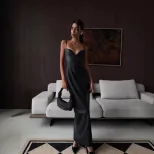 Chic Strapless A Line Dress Elegant Split Hem Thin Straps Solid Color PU Leather Perfect for Par