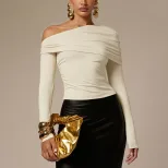 Asymmetrical One Shoulder Long Sleeve T Shirt for Women Slim Fit Ruffled Design Elegant Style Pe