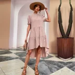 High Waist Solid Color Irregular Loose Half Turtleneck Pleated Dress Elegant Design Comfortable
